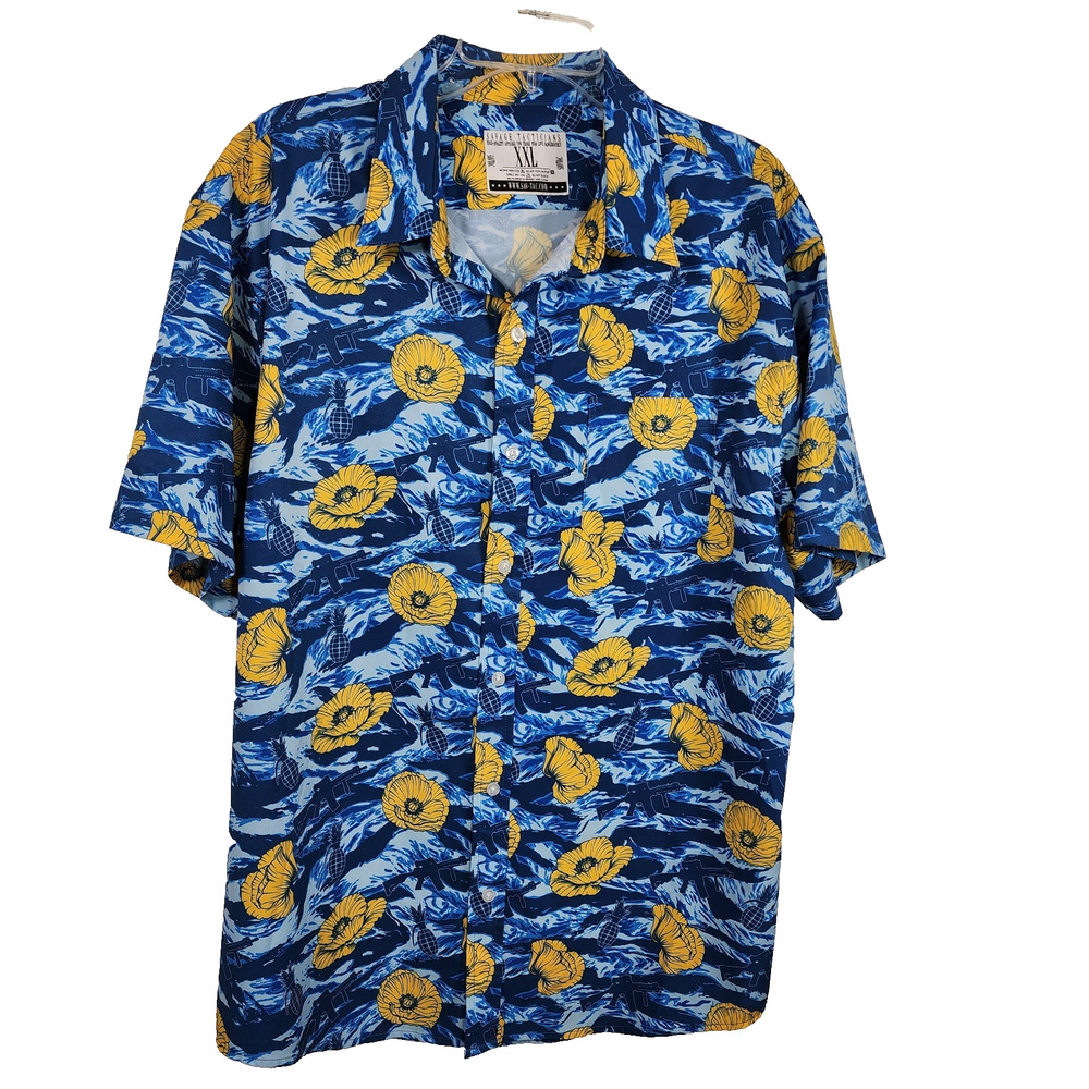 Savage Tacticians Men Shirt XXL Tiger Stripe Blue Graphic Button Up Short Sleeve